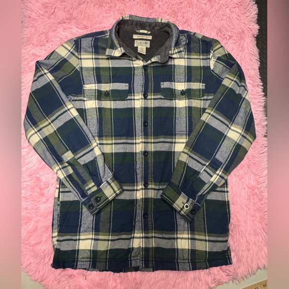 L.L. Bean Green and Blue Plaid sherpa lined flannel shirt - Picture 1 of 5